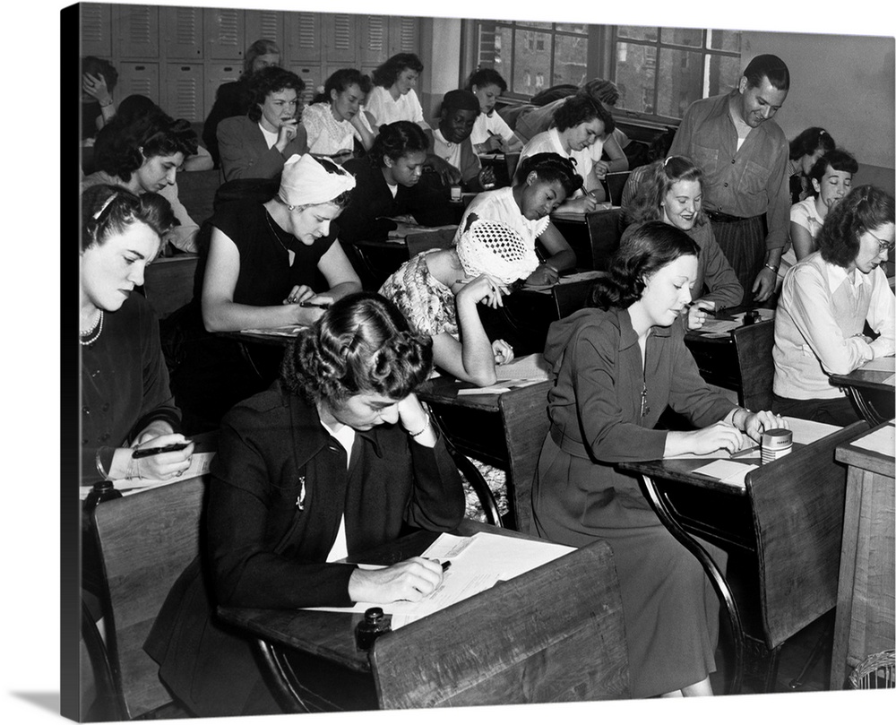 Women taking the qualifying exam for the New York City Police Department. Photograph by Dick De Marsico, 1947.