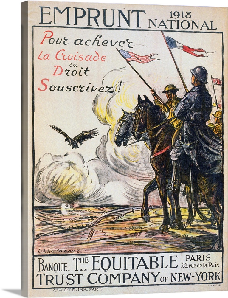 'To Help the Right Triumph, Subscribe!' Soldiers on horses at the edge of a battlefield, carrying French and American flag...
