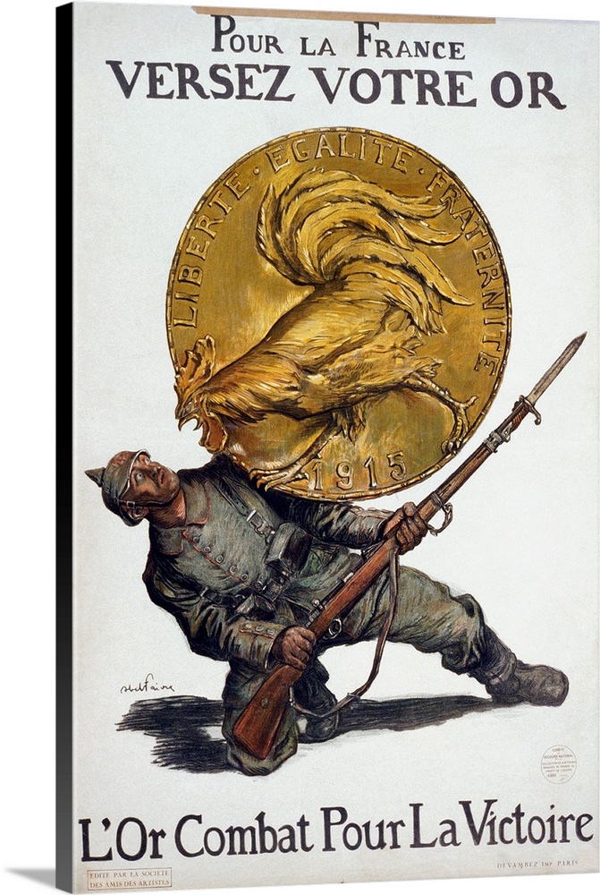 'Deposit Your Gold for France. Gold Fights for Victory.' Poster depicting a large gold coin with a Gallic rooster on it cr...