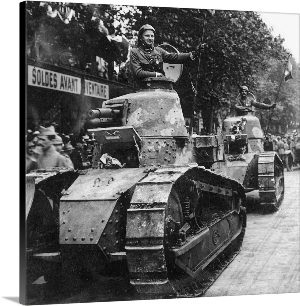 French tank parading through the streets of Paris. From a stereograph, 1918.