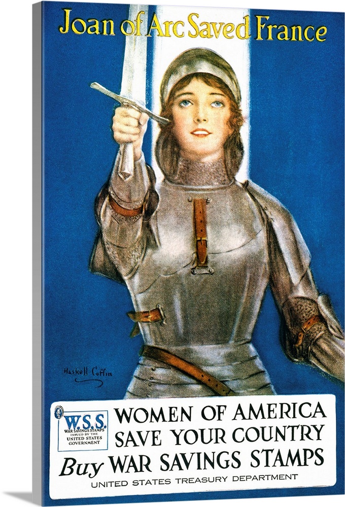 American War Savings Stamp poster during World War I, 1917, featuring Joan of Arc, French national heroine.