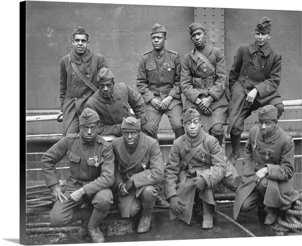 Returning U.S. soldiers of the Black 369th Infantry Regiment, all wearing the Croix de Guerre, aboard the S.S. Stockholm, ...