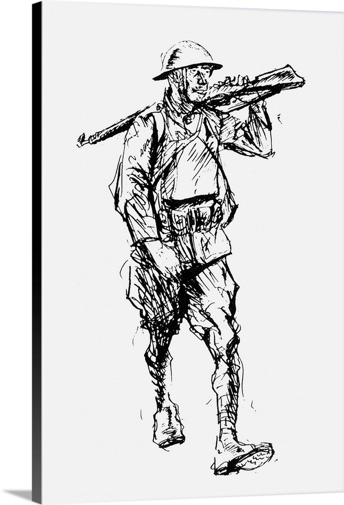 U.S. Marine at the Front in France, 1918. Pencil drawing by Captain John W. Thomason, Jr., U.S.M.C.