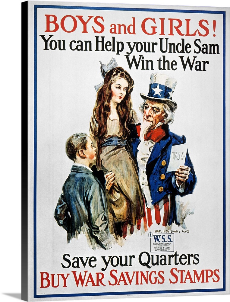 'Boys and Girls! You Can Help Your Uncle Sam Win the War.' American World War I War Savings Stamp poster by James Montgome...