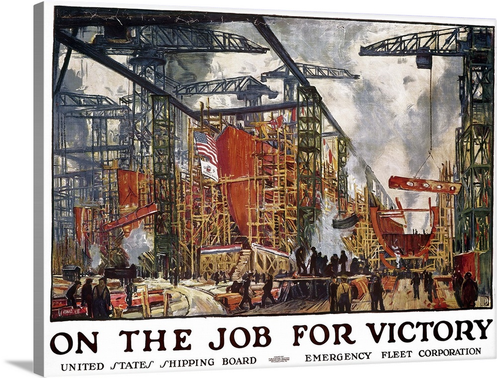 On the job for victory. American World War I United States Shipping Board poster.