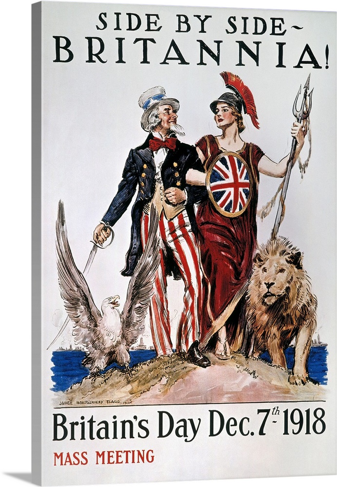'Side by Side, Britannia!' American World War I poster by James Montgomery Flagg, 1918.
