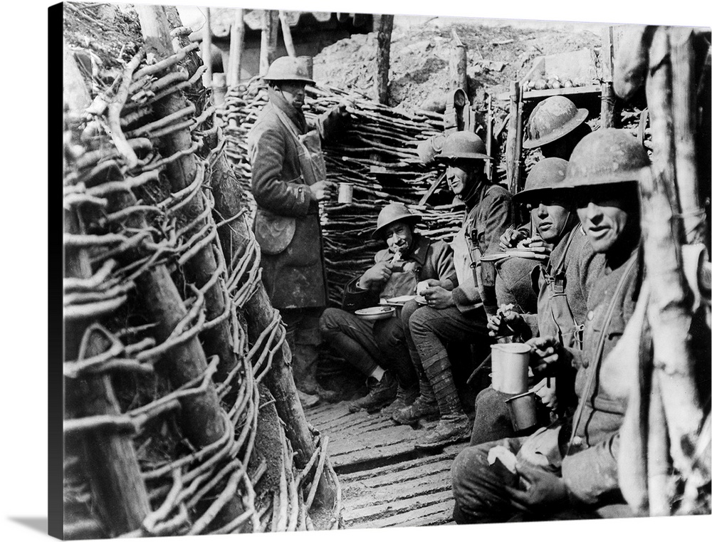 Alabama troops of the 167th Infantry messing in a front line trench near Ancerviller, France, March 11, 1918.