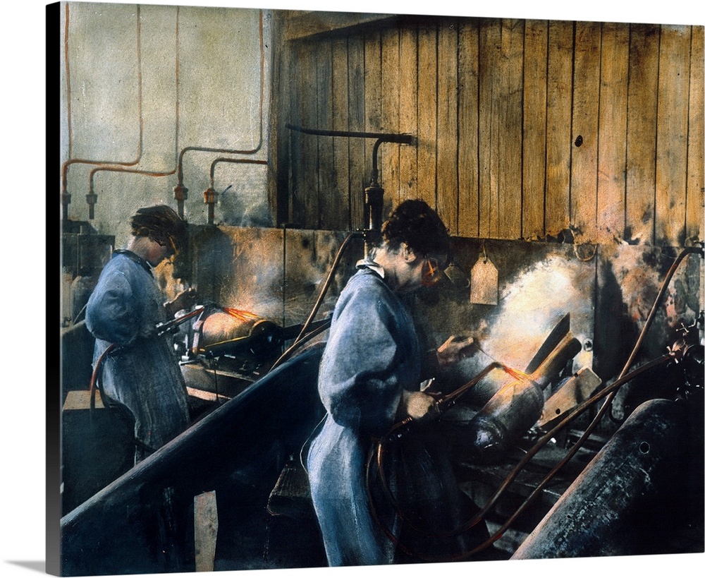 Women welding bomb casings in an American munitions factory, c1917. Oil over a photograph.