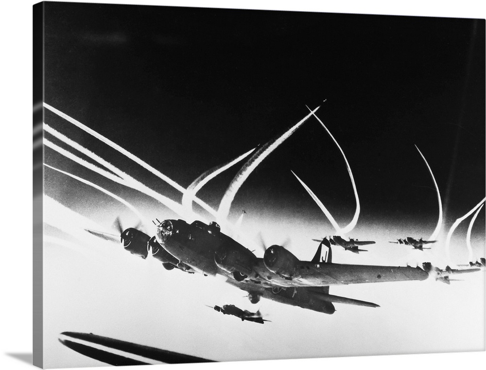 A squadron of U.S. Boeing B-17 Flying Fortresses photographed in flight during World War II, c1942.