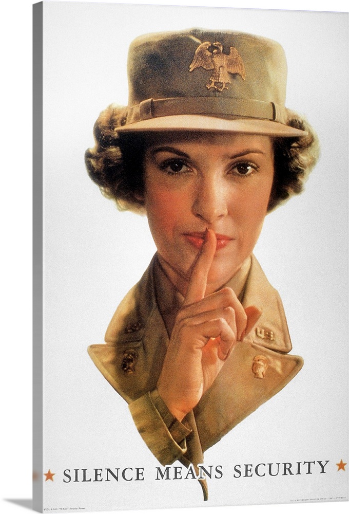 'Silence Means Security.' American World War II poster featuring a WAAC (member of the Women's Auxiliary Army Corps) warni...