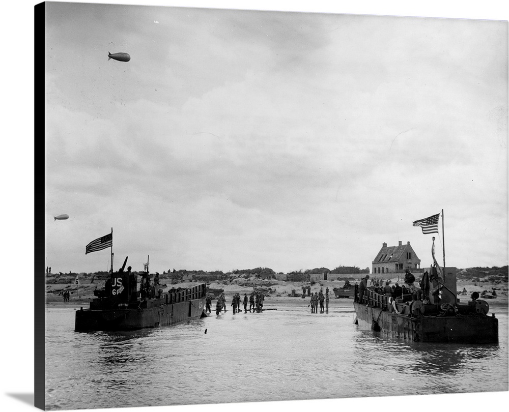Two American landing crafts land troops and supplies on the 'Green Beach' area of Utah Beach two days after the initial in...