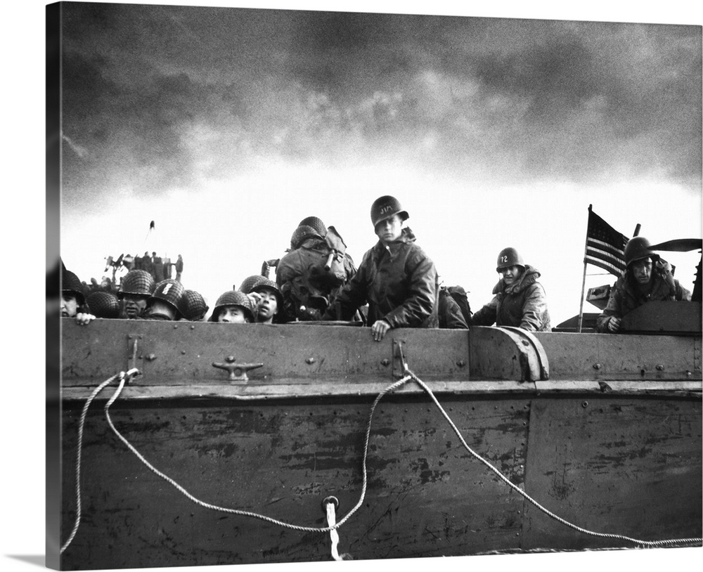 Soldiers on an American Coast Guard landing barge heading towards a Normandy beach on D-Day, 6 June 1944.