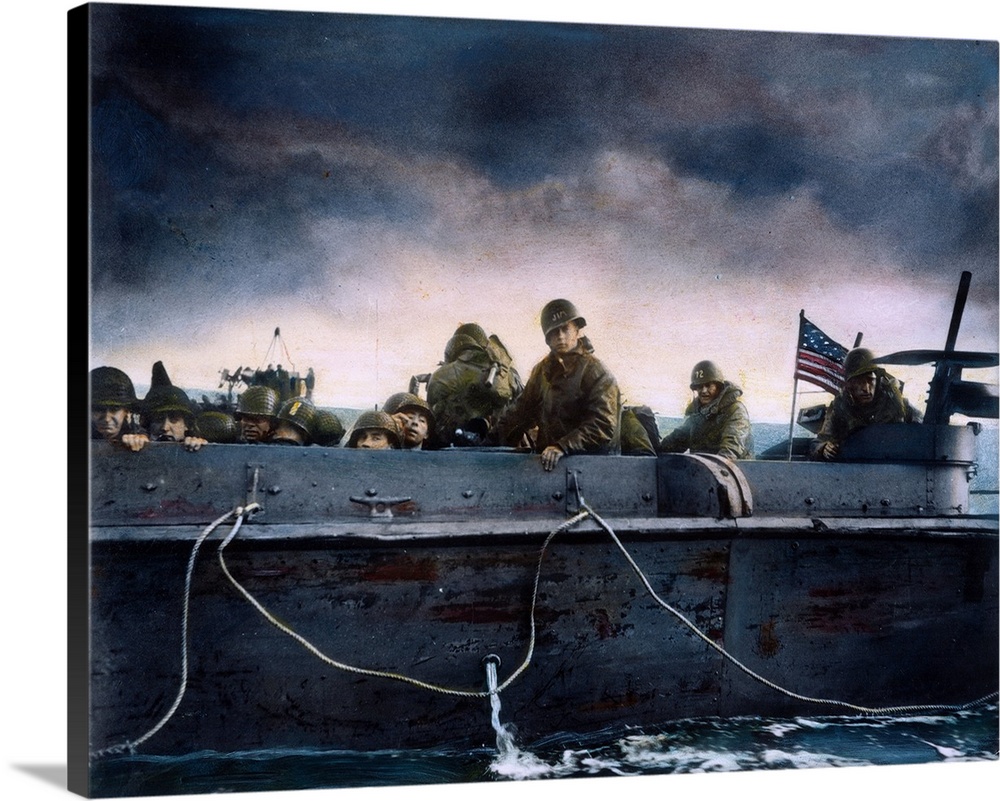 Soldiers on an American Coast Guard landing barge heading towards a Normandy beach on D-Day, 6 June 1944. Oil over a photo...