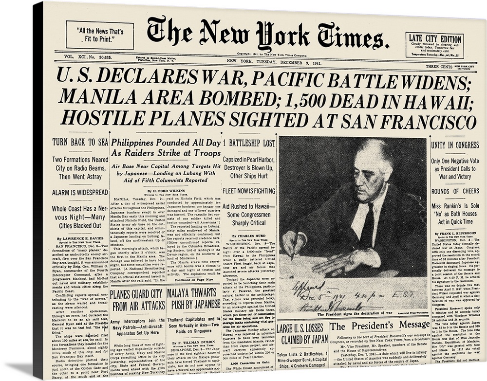 The front page of 'The New York Times,' 9 December 1941, announcing the United States' declaration of war with with Japan ...