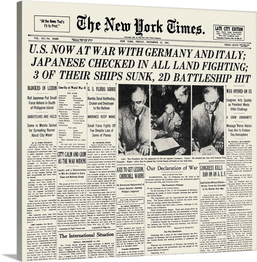 The front page of 'The New York times,' 12 December 1941, announcing the United States' declaration of war with Germany an...