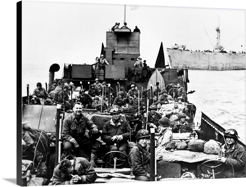 American soldiers aboard a U.S. Coast Guard landing craft en route to Normandy to join the invasion force over one month a...
