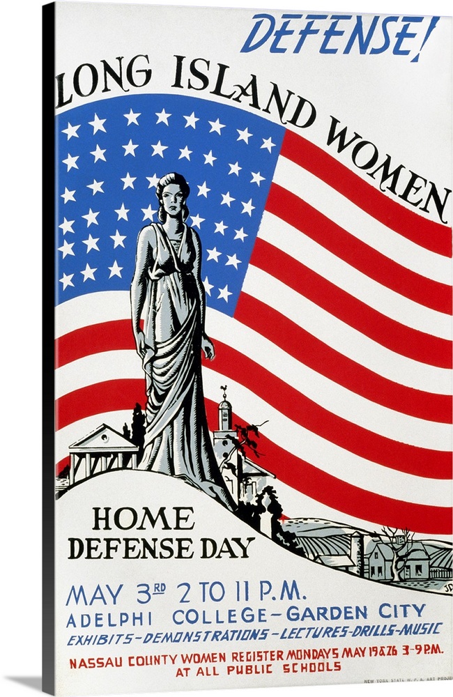 'Defense! Long Island Women - Home Defense Day.' American poster announcing activities related to civil defense held at Ad...