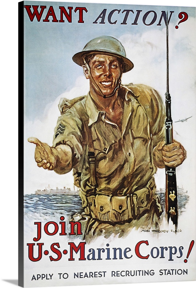 Want Action?: American World War II Marine Corps recruiting poster, 1942, by James Montgomery Flagg.