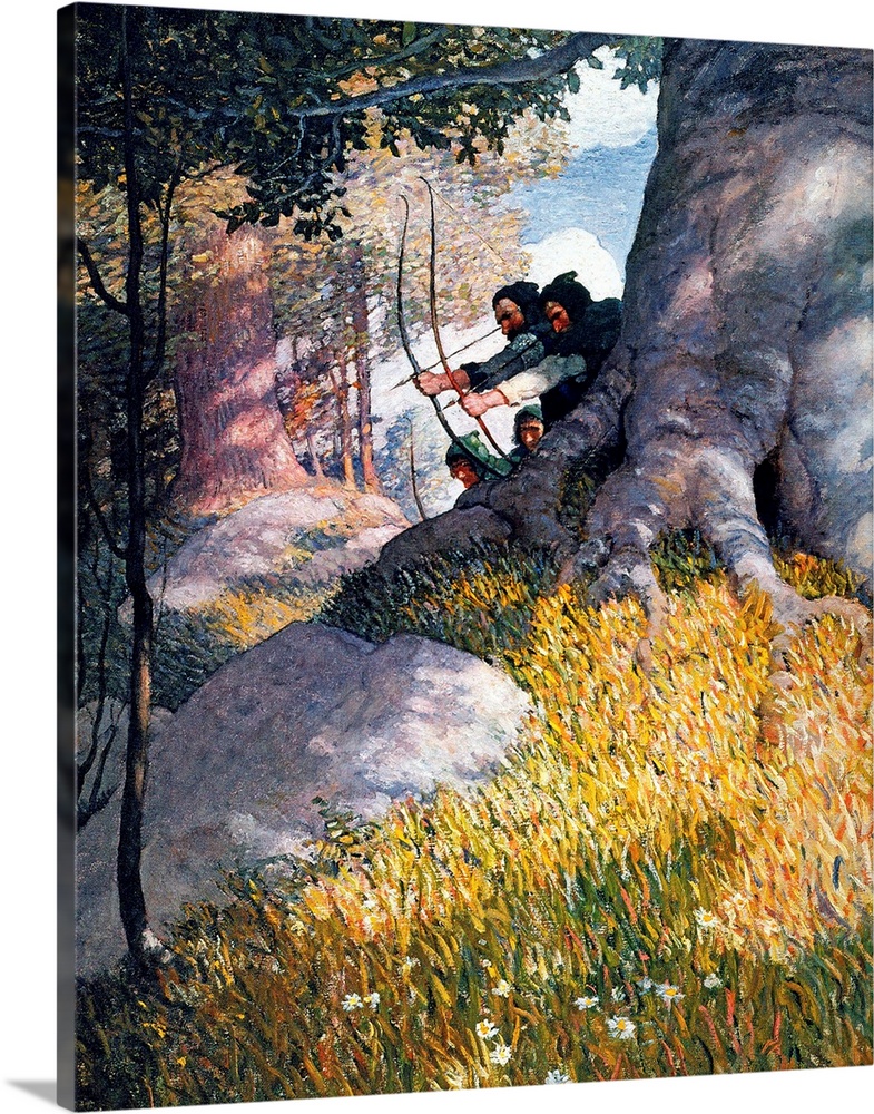 Robin Hood and his companions lend aid to Will o' th' Green from ambush. Oil on canvas, 1917, by N.C. Wyeth for an edition...