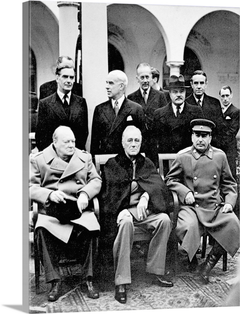 Winston Churchill, Franklin D. Roosevelt and Joseph Stalin at the Yalta Conference at Livadia Palace, Yalta, Crimea. Stand...