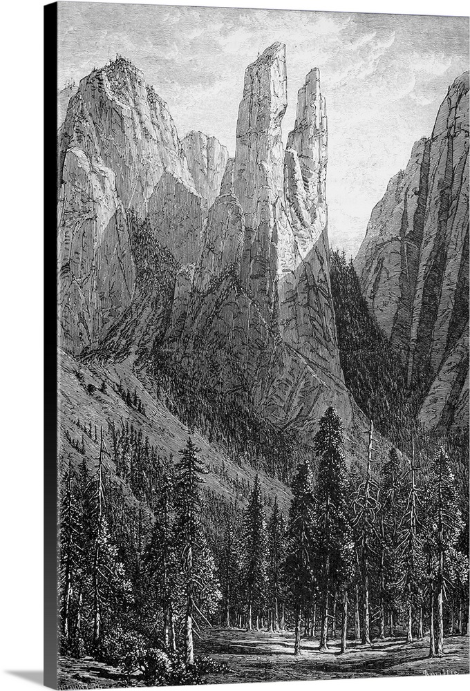 Yosemite, Cathedral Spires. Cathedral Spires Rock Formation In the Yosemite Valley. Wood Engraving, American, 1874.