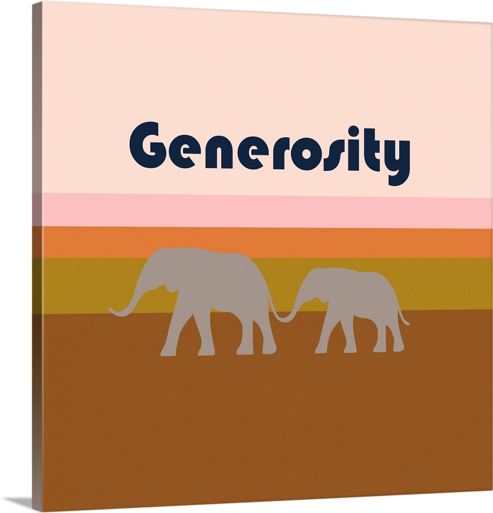 A modern illustration of a pair of elephants and the text 'Generosity' with a white border.
