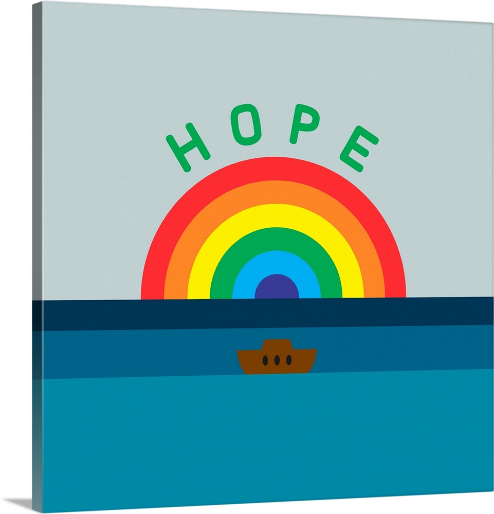A modern illustration of a rainbow with a boat in water and the text 'Hope' with a white border.