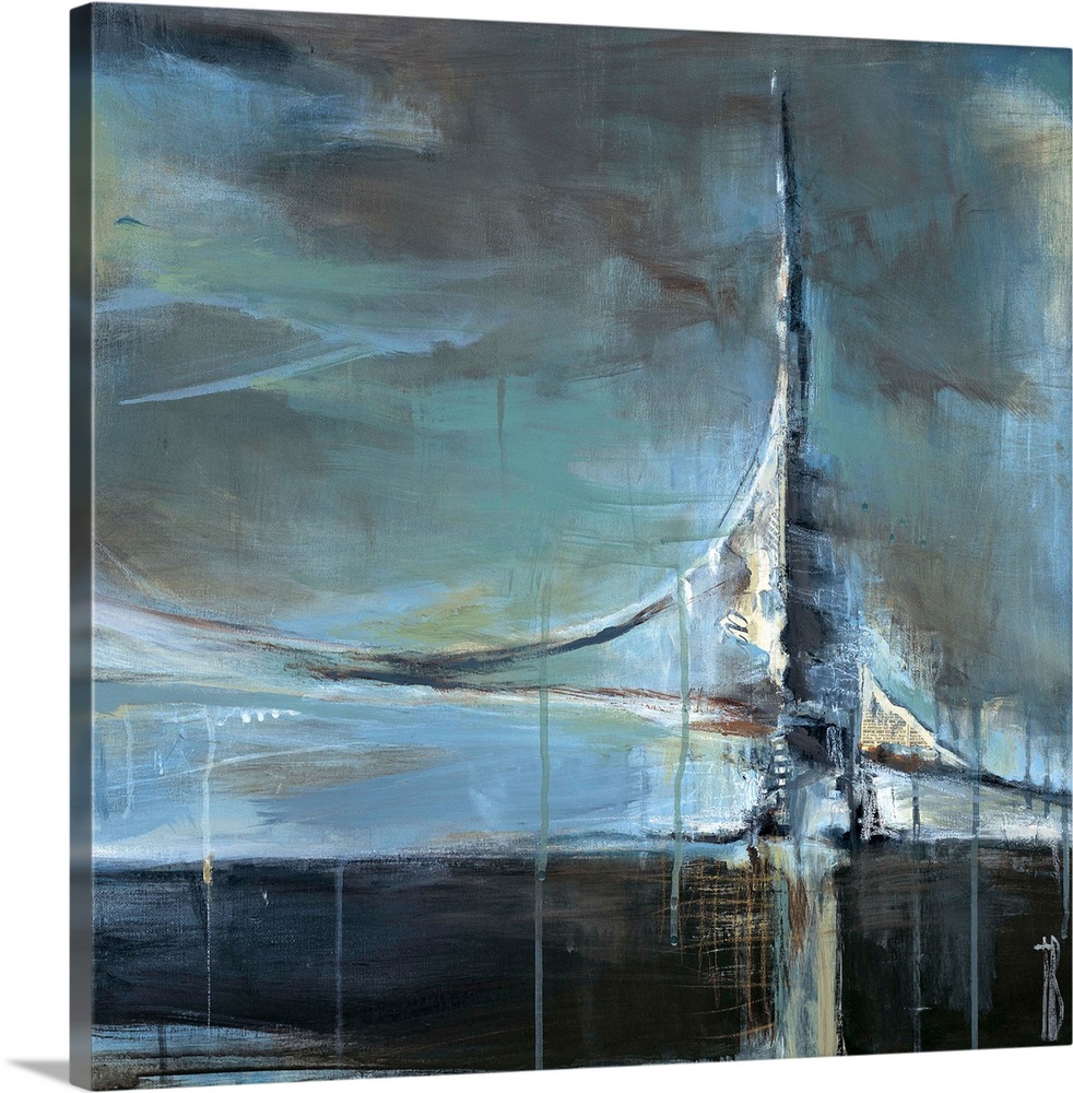 Contemporary abstract painting using deep cool tones and smooth lines to create the form of a suspension bridge.