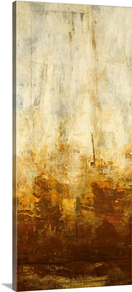 Panoramic abstract art incorporates a distressed bare light background with a base of weathered rust tones beginning to ma...