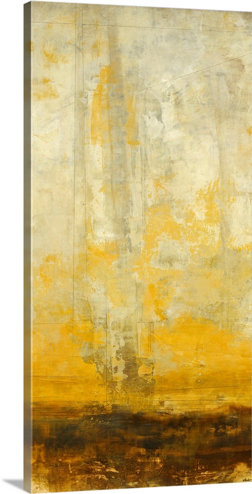 Oversized, vertical, contemporary artwork painted in harsh, choppy brush strokes.  Darker brown and golden tones extend ho...