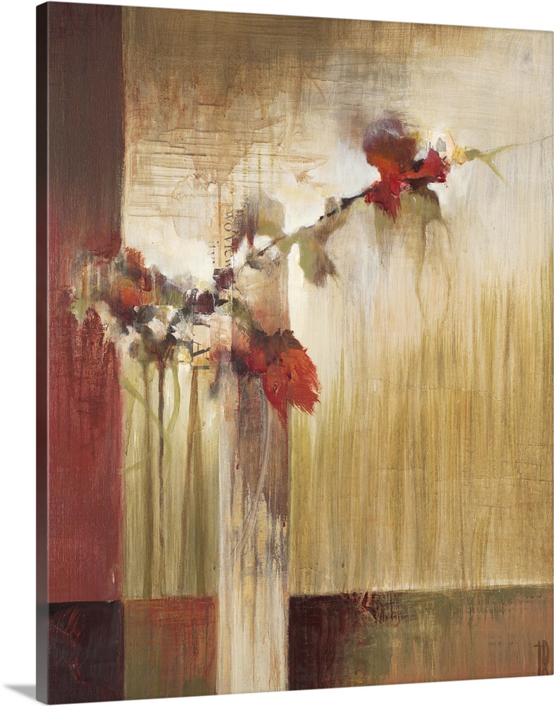 Contemporary painting of red flowers on a branch against an abstract muted background.