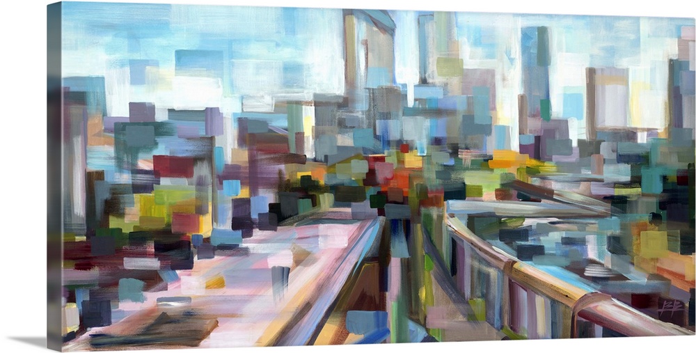 Contemporary abstract painting of an urban environment deconstructed into geometric shapes.