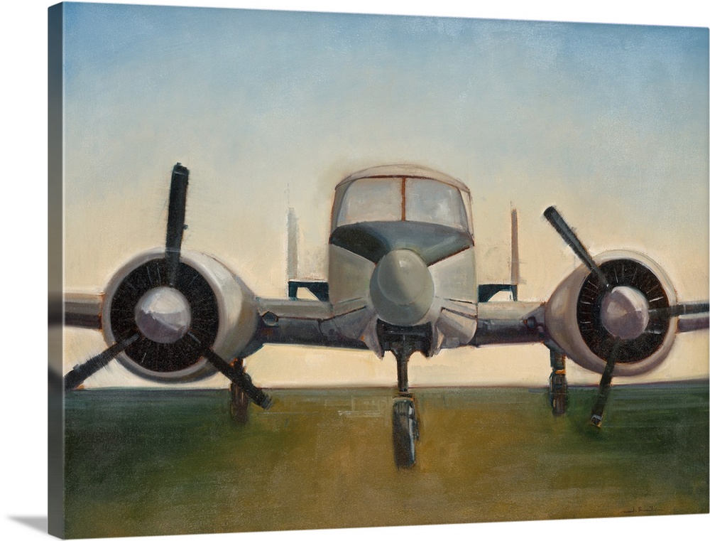 A painting of an airplane preparing to take off on a runway.