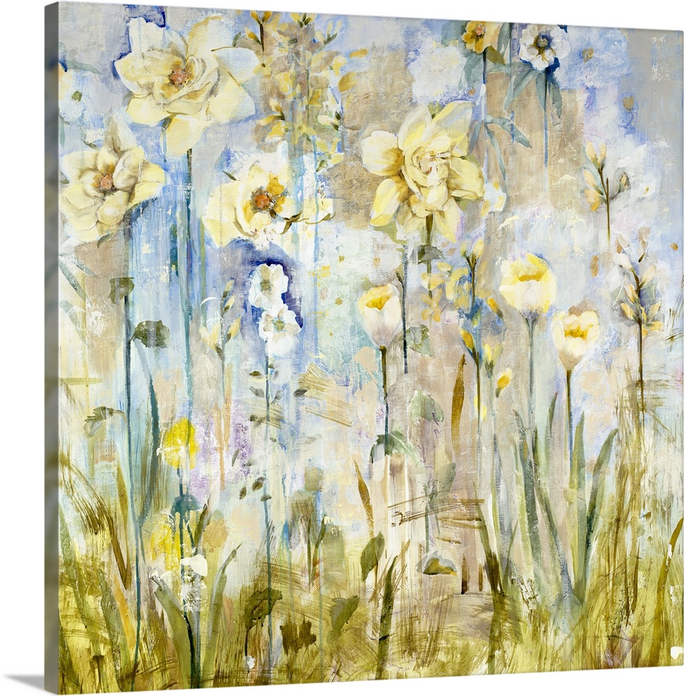 A contemporary painting of a garden of pale yellow flowers.