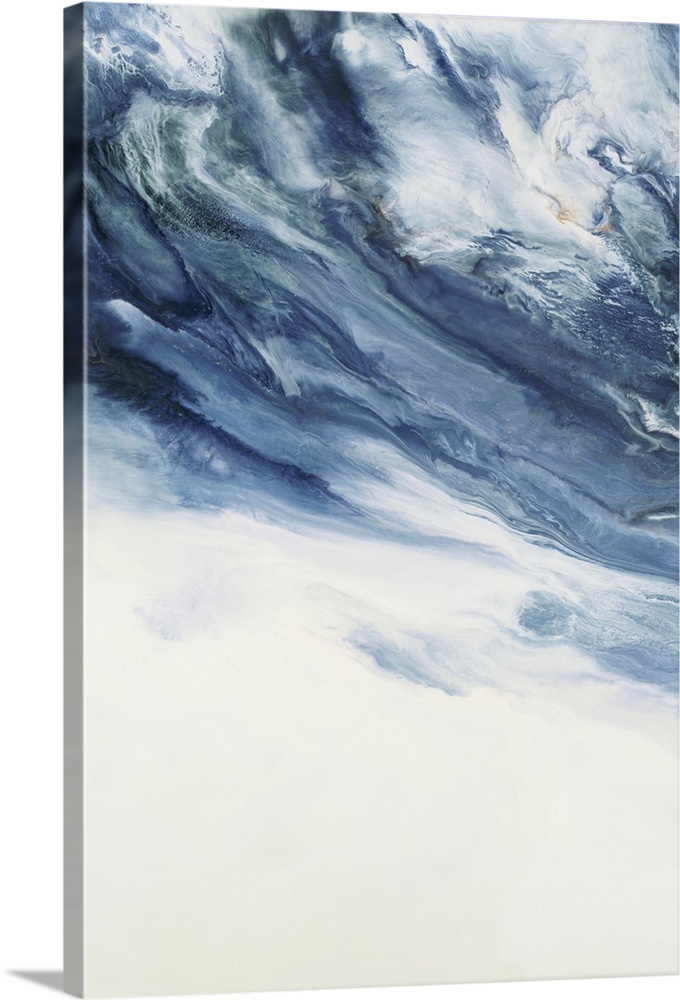 Large abstract art with deep shades of blue marbling with white at the top and a solid white bottom.