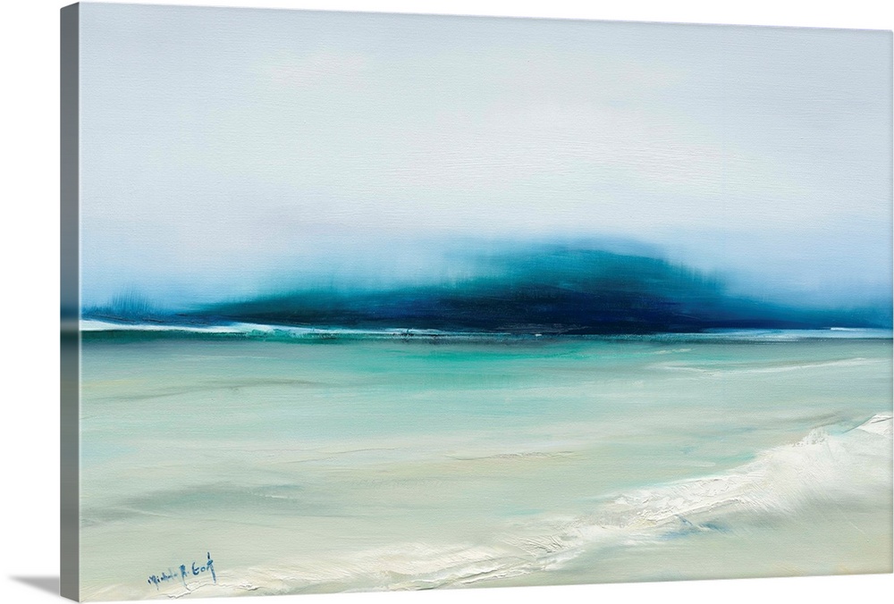 Large abstract painting representing an ocean landscape in shades of blue, beige, and white.