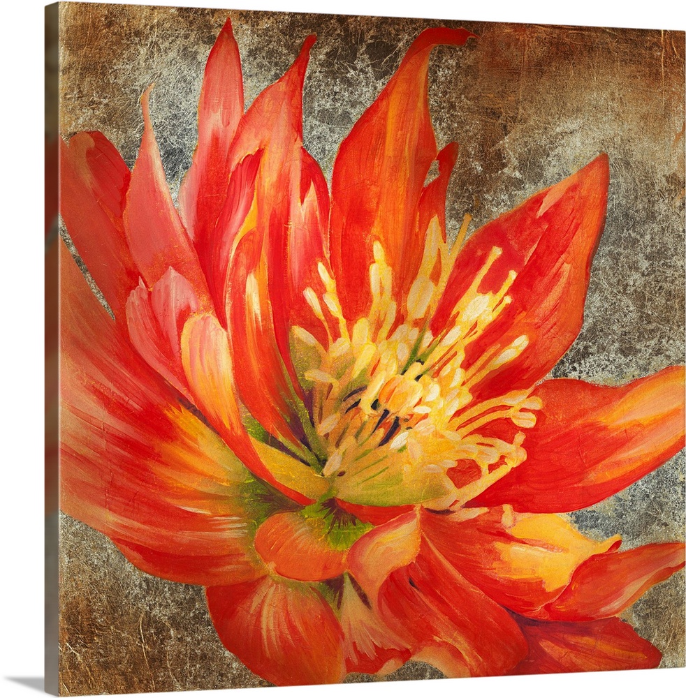 Square artwork of a large red flower with yellow details on a metallic bronze background.