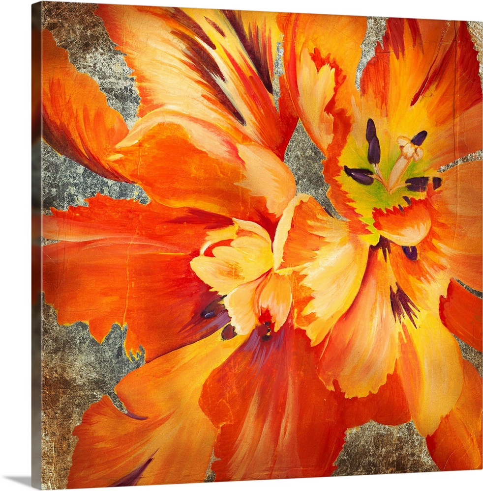 Square artwork of a large orange flower with yellow details on a metallic bronze background.