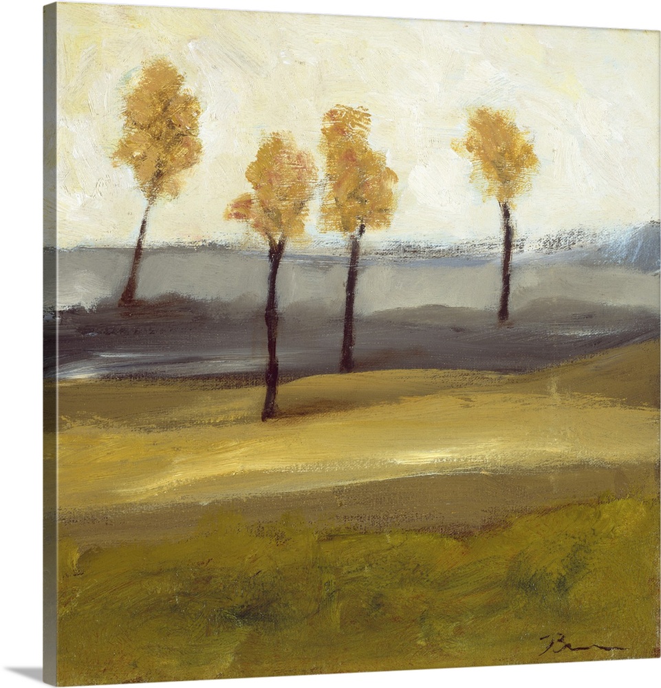 Contemporary landscape painting with four trees in autumn foliage standing together in the distance.