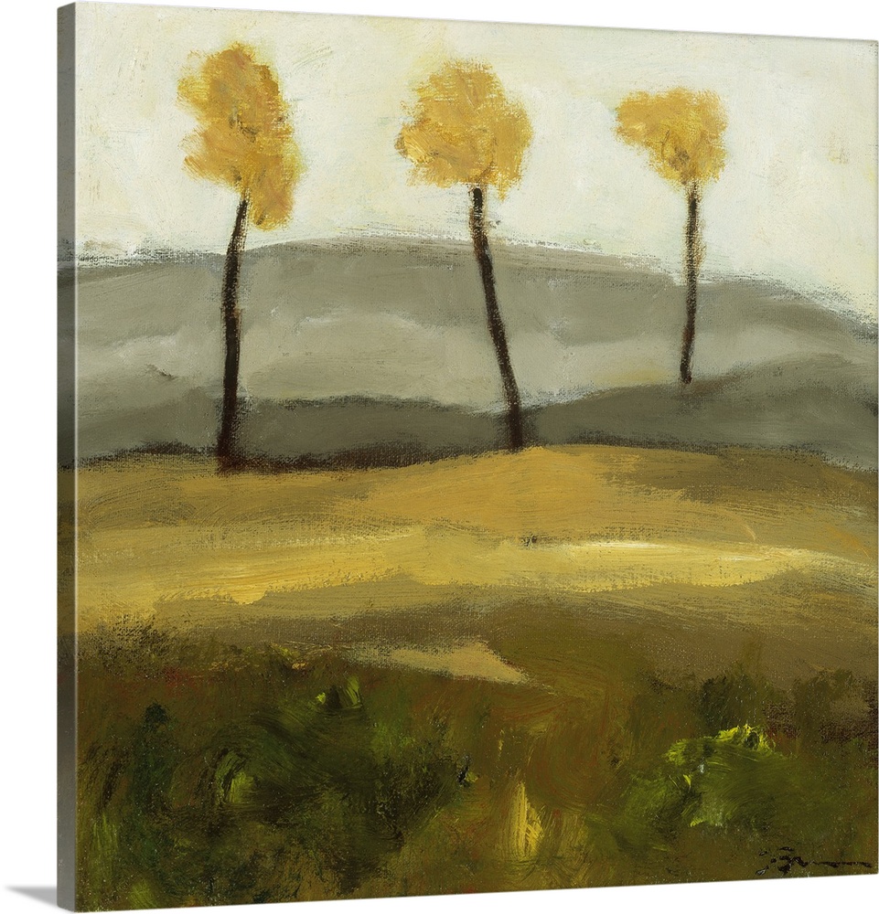 Contemporary landscape painting with three trees in autumn foliage standing together in the distance.