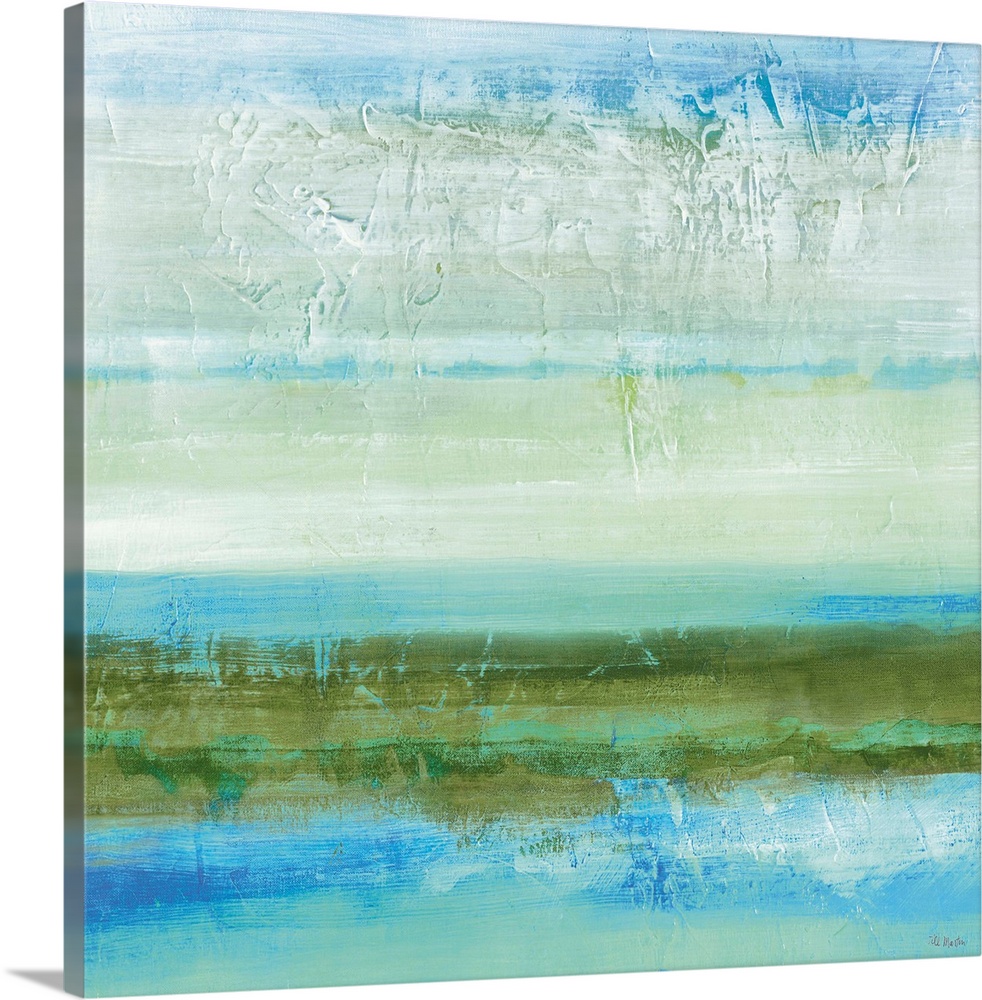 A square abstract landscape of seascape in textured shades of green and blue.