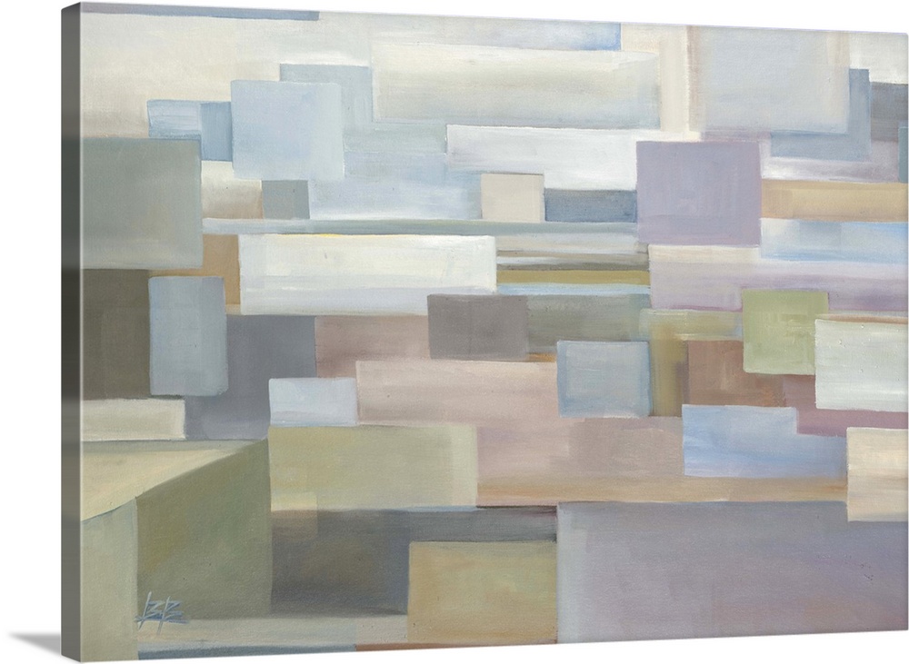 Contemporary abstract painting using pale muted tones and geometric shapes.