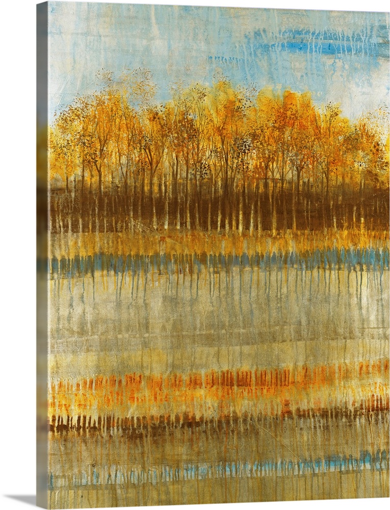 Abstract painting on canvas of a line of trees with gradient colors layered below.