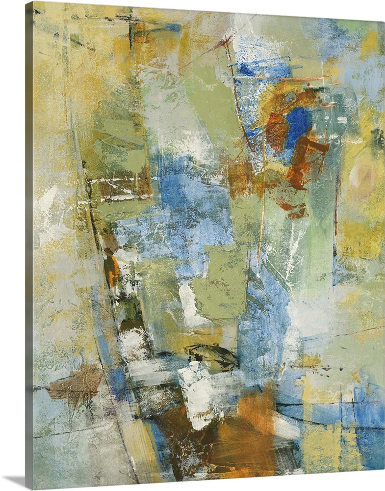 A contemporary abstract painting using tones of blue and green, with hints of earth tones.