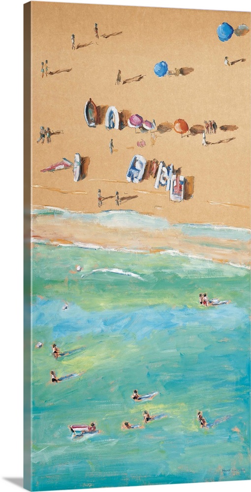Contemporary painting looking down on a beach with people enjoying the sun.