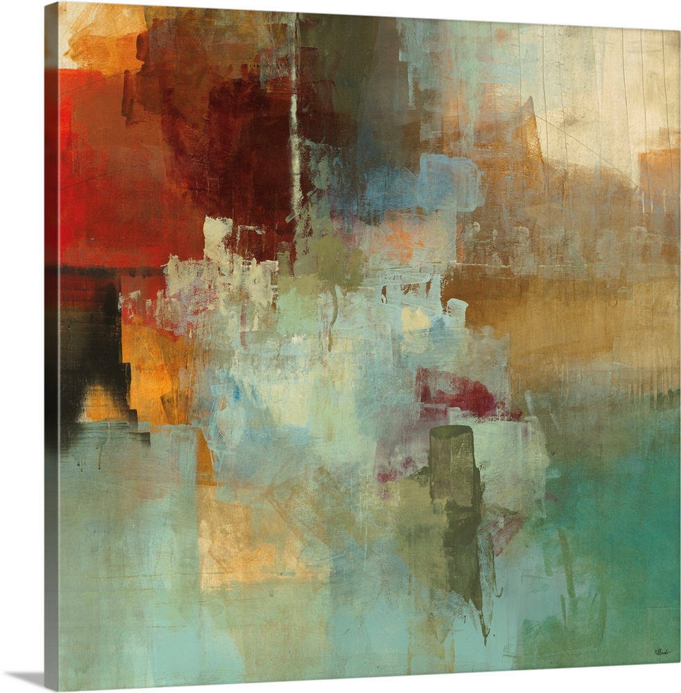Large, square contemporary painting in a variety of warm and cool colors of patchy, square and rectangular shapes, with sp...