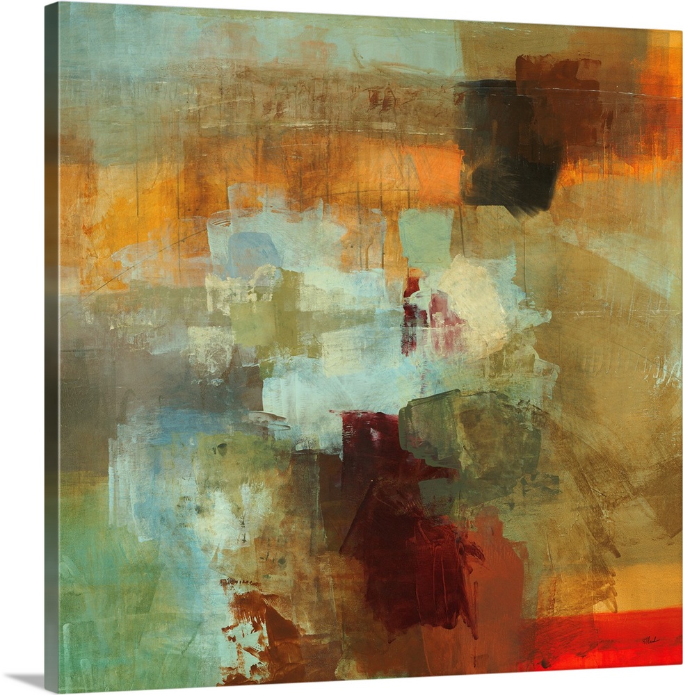 Contemporary abstract painting of muted overlapping colors.