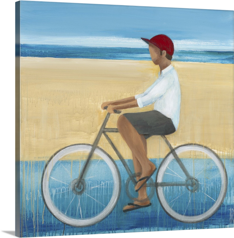 Contemporary figurative painting of a man riding a bicycle.