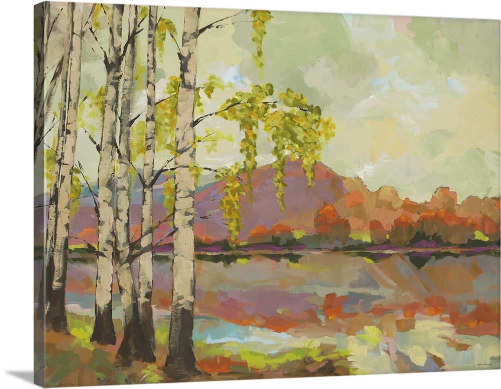 A painting in the transitional style of birch trees by the side of a lake with mountains in the background. Painted in war...