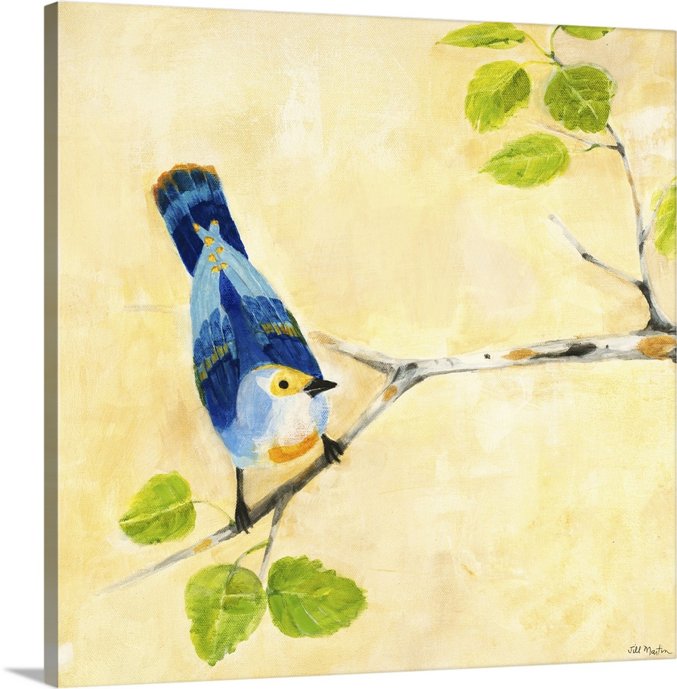 Contemporary artwork of a blue garden bird perched on a tree branch.